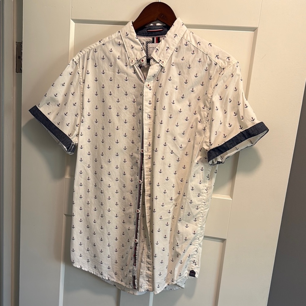Men's Denim & Flower Anchor Short Sleeve Shirt Size Large